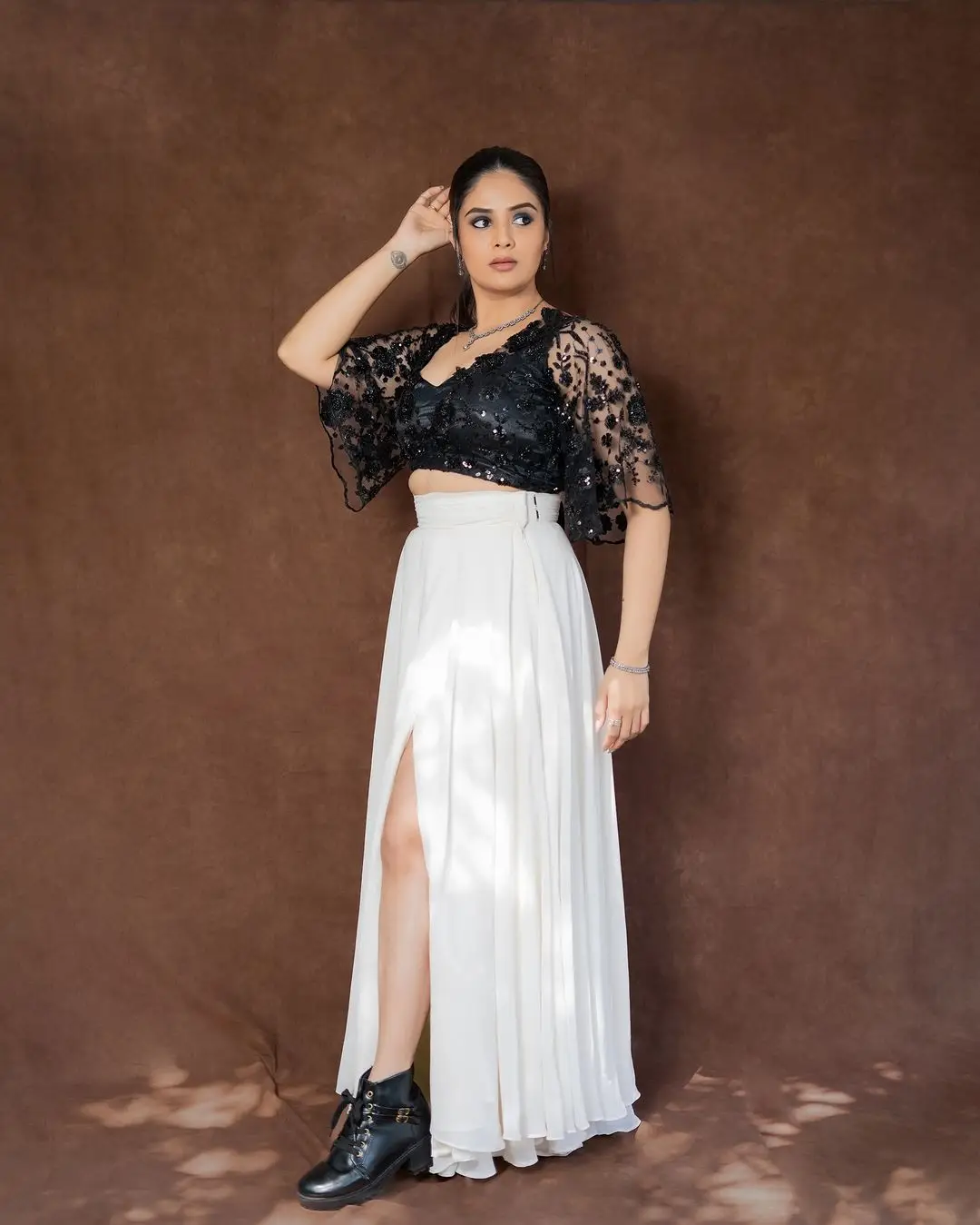 Maa TV Anchor Sreemukhi in White Lehenga Black Choli